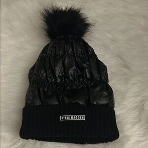 Steve Madden Shiny Black  Pom-Pom Hat